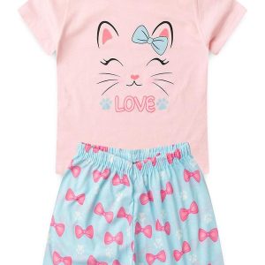 Pijama Feminino Verão Gato Laço Rosa