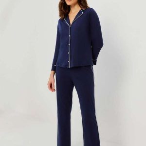 Pijama Longo Feminino com Botoes Azul