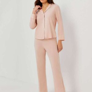 Pijama Longo Feminino com Botoes Rosa