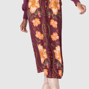 Saia Midi Floral em Viscose Roxo