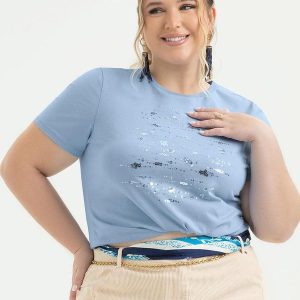 T-Shirt Plus Size em Algodão Azul Claro