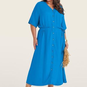 Vestido Chemise Longo Plus Size Azul