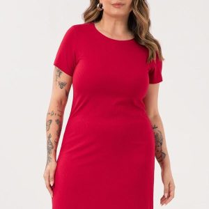 Vestido Curto Canelado Básico Plus Size Vermelho