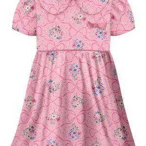 Vestido Estampado com Gola Boneca e Rosa