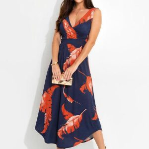 Vestido Folhagem Marinho em Malha de Viscose