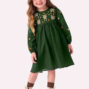 Vestido Infantil Menina Bordado Verde