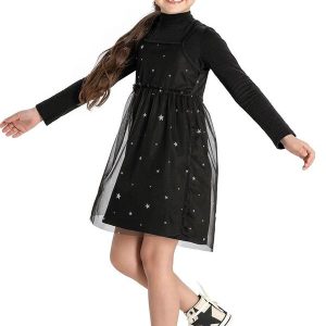Vestido Infantil Menina Curto Tule Estrelas Preto