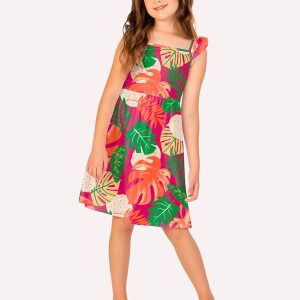 Vestido Infantil Menina Folhagem Rosa