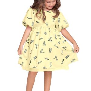 Vestido Infantil Menina Folhas Amarelo