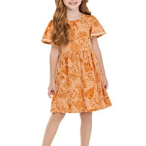 Vestido Infantil Menina Folhas Tropical Marrom