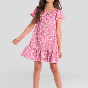 Vestido Infantil Menina com Flores Rosa