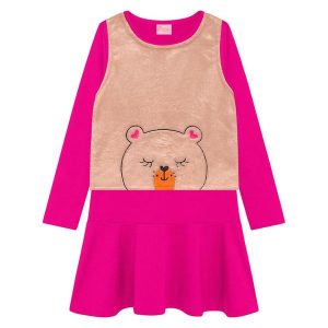 Vestido Infantil Suplex Pelo e Bordado Rosa