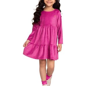 Vestido Infantil em Plush Listrado Rosa