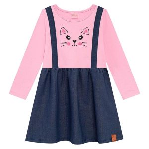 Vestido Infantil em com Bordado Rosa