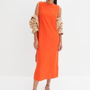 Vestido Laranja em Malha de Algodão Penteado