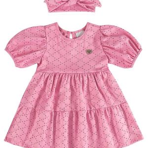 Vestido Manga Curta e Faixa de Cabelo Rosa