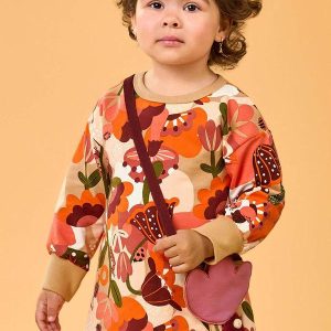 Vestido Manga Longa Floral com Bolsa Laranja