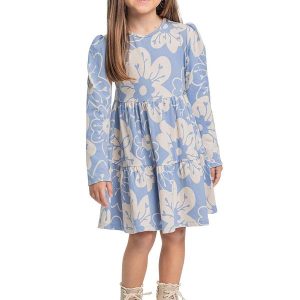 Vestido Manga Longa Floral em Cotton Azul
