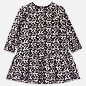 Vestido Manga Longa Jacquard com Laços Preto