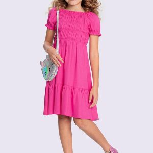 Vestido Menina em Viscose com Elástico Rosa