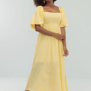 Vestido Midi Cambraia de Algodao Amarelo