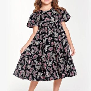 Vestido Midi Infantil Borboletas Preto