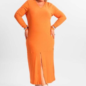 Vestido Midi Plus Size Manga Longa Laranja