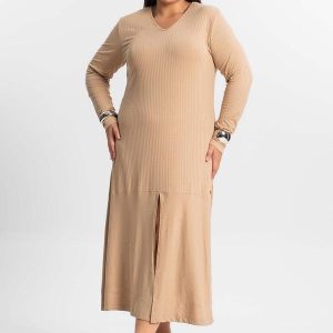Vestido Midi Plus Size Manga Longa Marrom