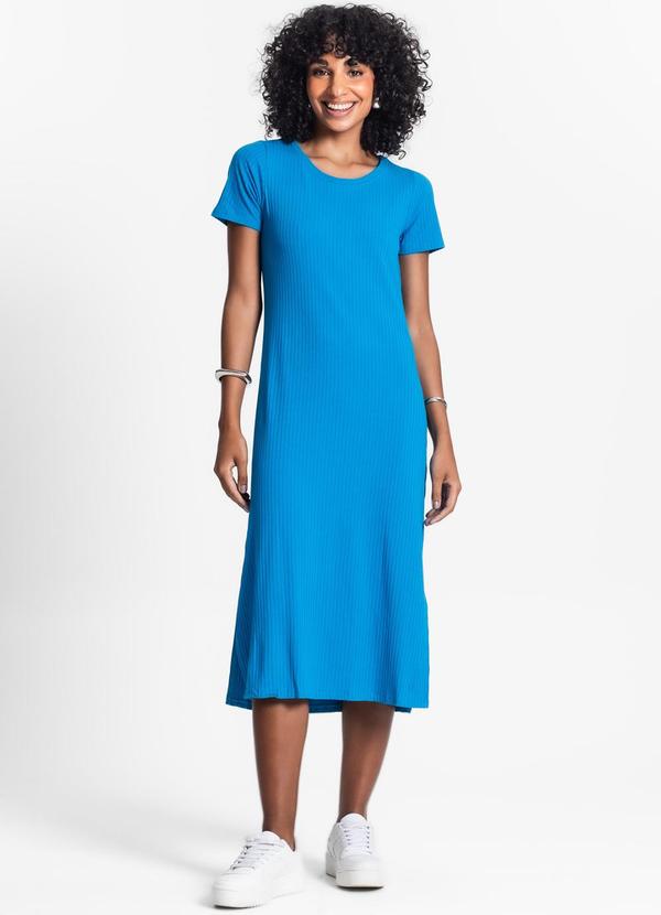 Vestido Midi Ribana Canelada Básico Azul