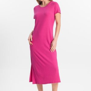 Vestido Midi Ribana Canelada Básico Rosa
