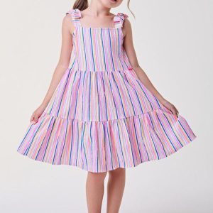 Vestido com Listras Coloridas Rosa