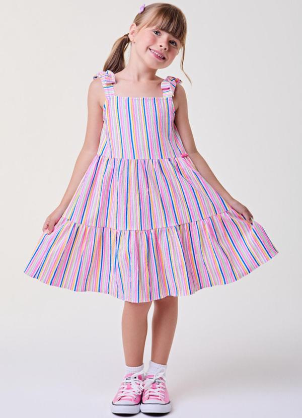 Vestido com Listras Coloridas Rosa