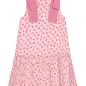 Vestido em Mini Plissado Floral e Visco Rosa