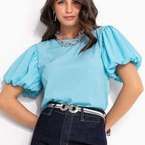 Blusa Azul Claro Balonê em Crepe Plano