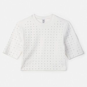 Blusa Cropped Off White com Strass Branco