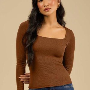 Blusa Decote Quadrado Manga Longa Marrom