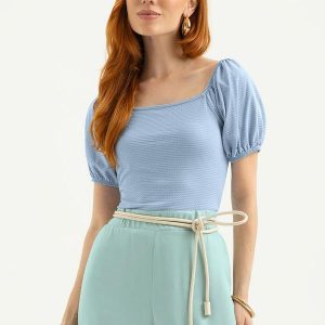 Blusa Decote Quadrado em Cotton Azul Claro