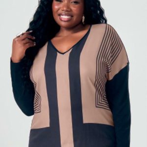 Blusa Decote V Geométrica de Manga Longa Marrom