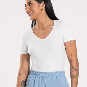 Blusa Decote V em Canelado Branco