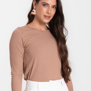 Blusa Feminina Canelada com Manga Longa Marrom