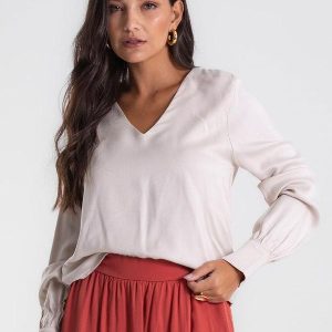 Blusa Feminina Manga Longa Decote V Bege