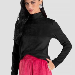 Blusa Feminina Manga Longa Veludo Cotele Preto