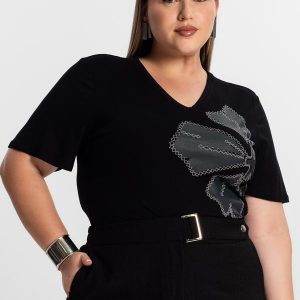 Blusa Feminina Plus Size Manga Evasê Preto