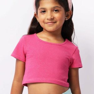 Blusa Infantil Cropped Manga Curta Glitter Rosa
