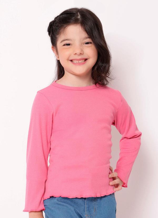 Blusa Infantil Manga Longa Canelada Frufru Rosa
