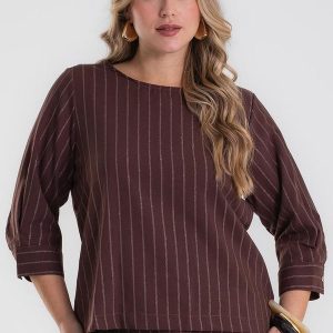 Blusa Manga 3/4 Twill Plus Size Marrom