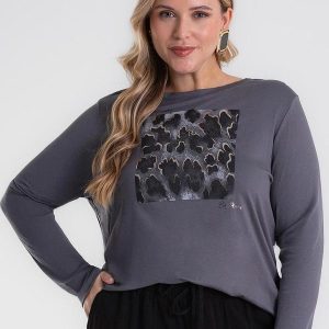 Blusa Manga Longa Estampa Plus Size Cinza