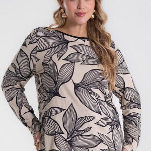 Blusa Manga Longa Estampada Plus Size Bege