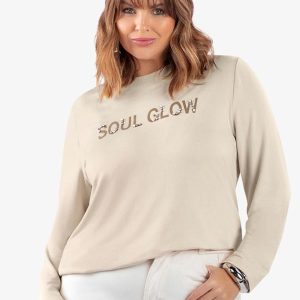 Blusa Manga Longa com Rebite Plus Size Bege