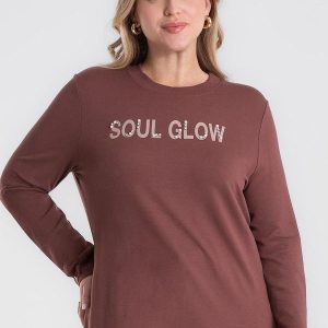 Blusa Manga Longa com Rebite Plus Size Marrom